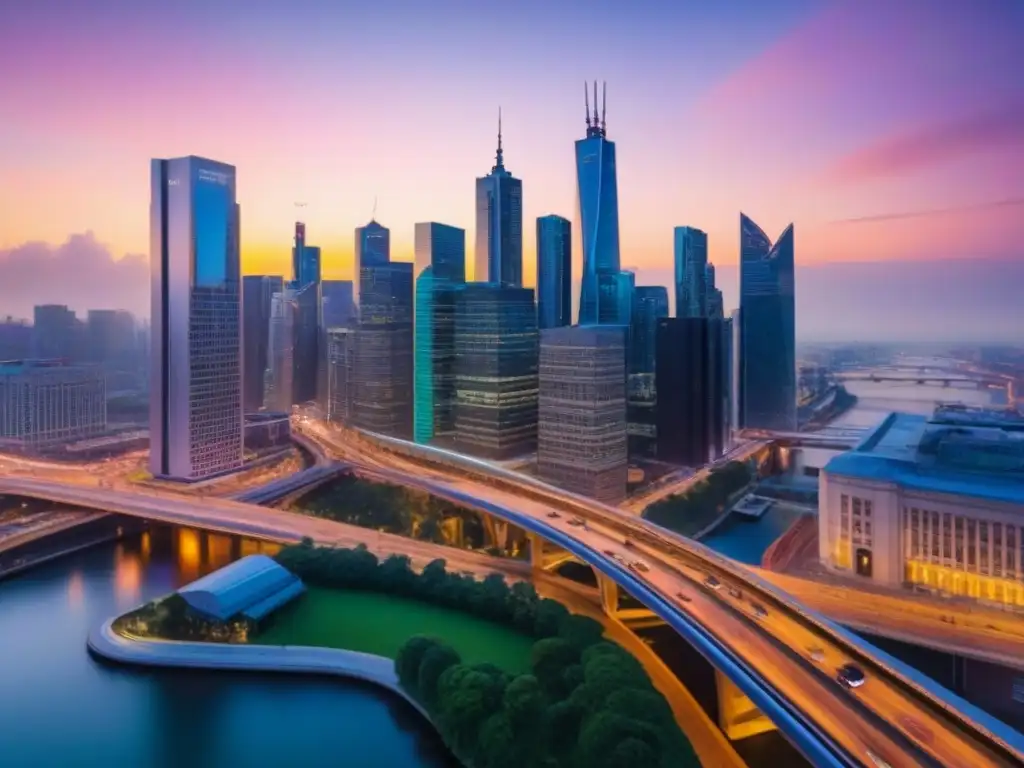 Metrópolis moderna en atardecer vibrante Vibrante ciudad al atardecer, con rascacielos iluminados y profesionales en distrito financiero