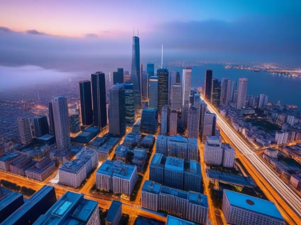 Vibrante ciudad al atardecer con rascacielos iluminados y calles llenas de actividad urbana
