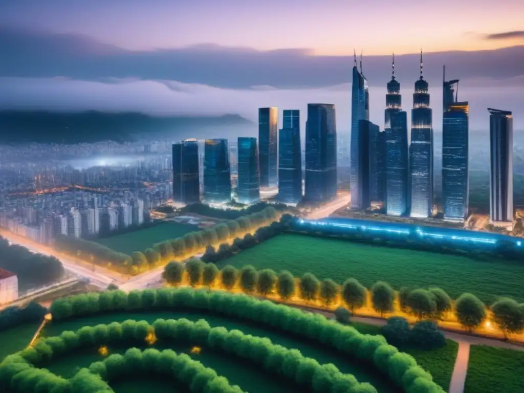Cityscape sostenible: luces y naturaleza en armonía Vibrante ciudad al atardecer, con rascacielos iluminados, calles llenas de vehículos eléctricos y parques verdes