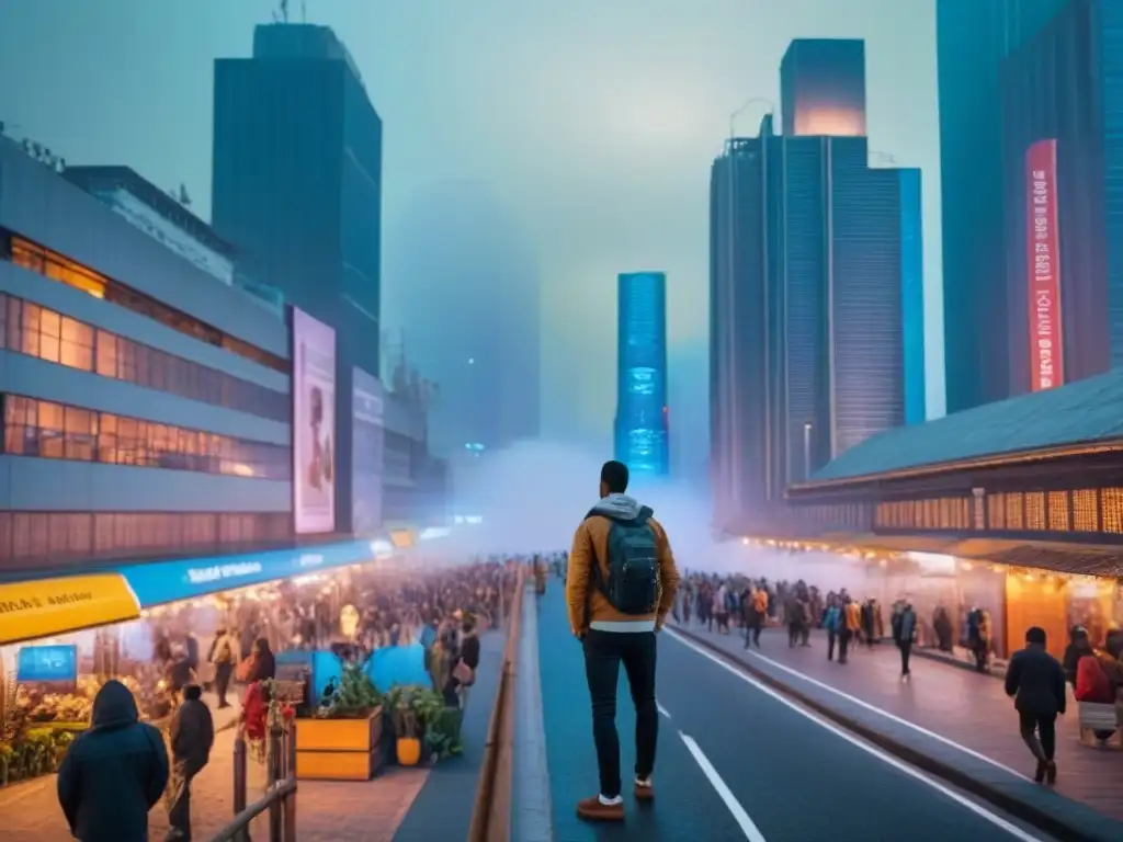 Metrópolis vibrante: luces, diversidad y arte en la ciudad al anochecer Vibrante ciudad al atardecer: rascacielos iluminados, calles bulliciosas, centro cultural con instalaciones interactivas