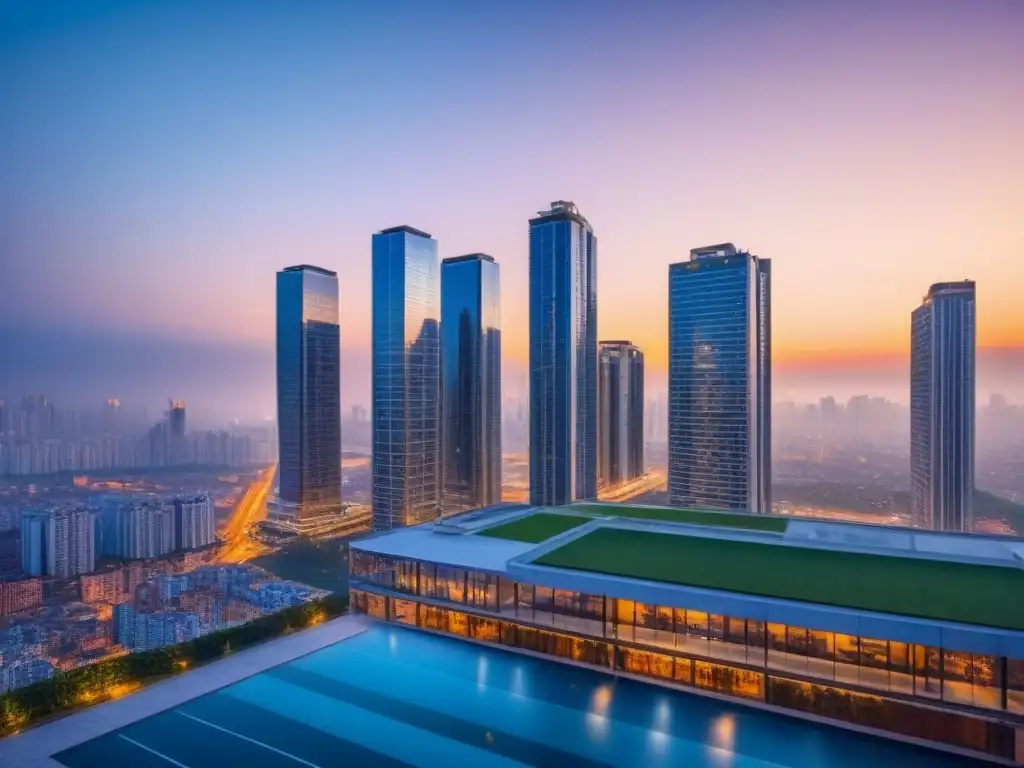 Rascacielos de cristal en ciudad vibrante al anochecer Vibrante ciudad al atardecer, reflejada en edificio de lujo