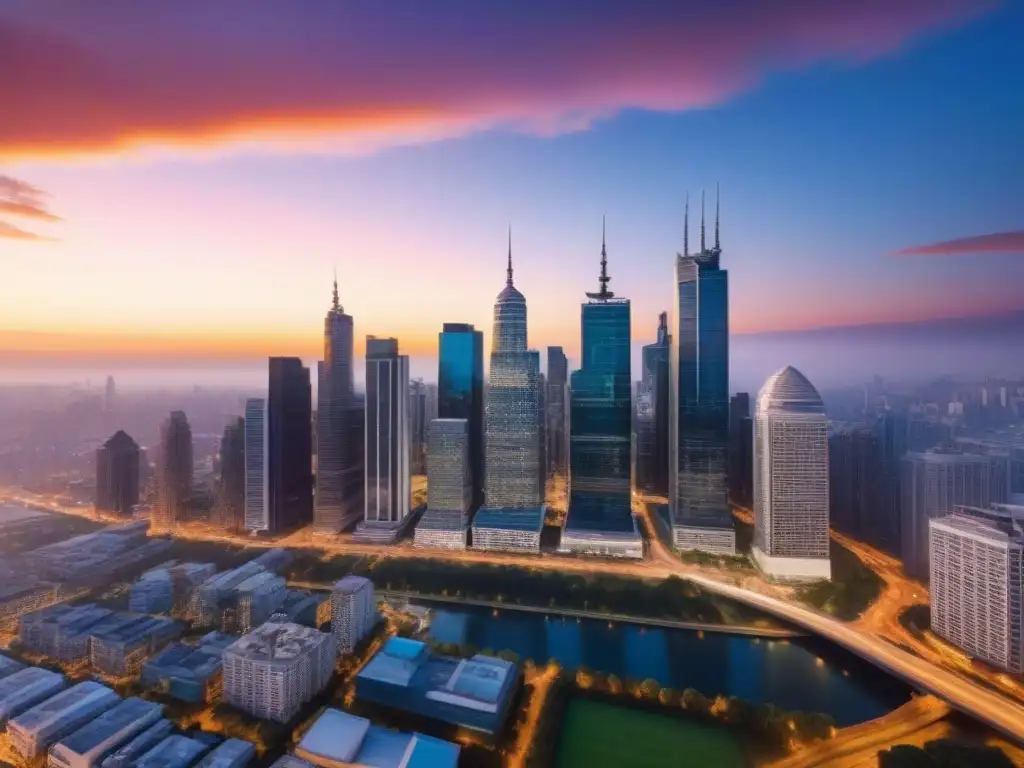 Horizonte urbano al atardecer: dinamismo y oportunidad inmobiliaria Vibrante ciudad al atardecer, reflejo del mercado inmobiliario ante cambios demográficos