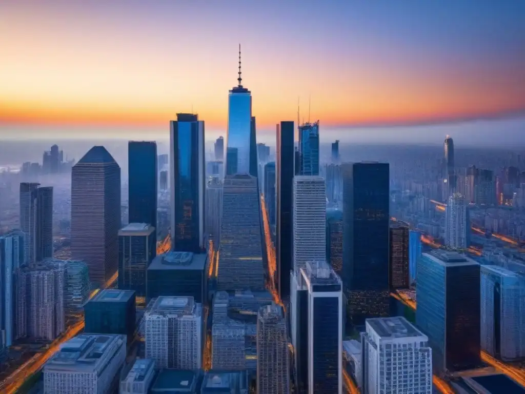 Horizonte urbano al atardecer: oportunidades inmobiliarias Vibrante ciudad al atardecer, reflejos dorados en rascacielos de cristal