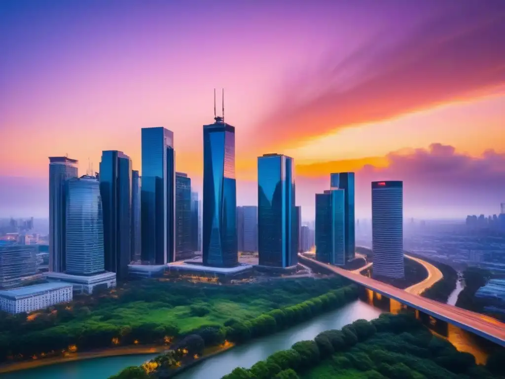 Espléndida vista aérea de una ciudad moderna al atardecer Vibrante ciudad al atardecer con sinergia seguros bienes raíces, reflejando modernidad y sofisticación
