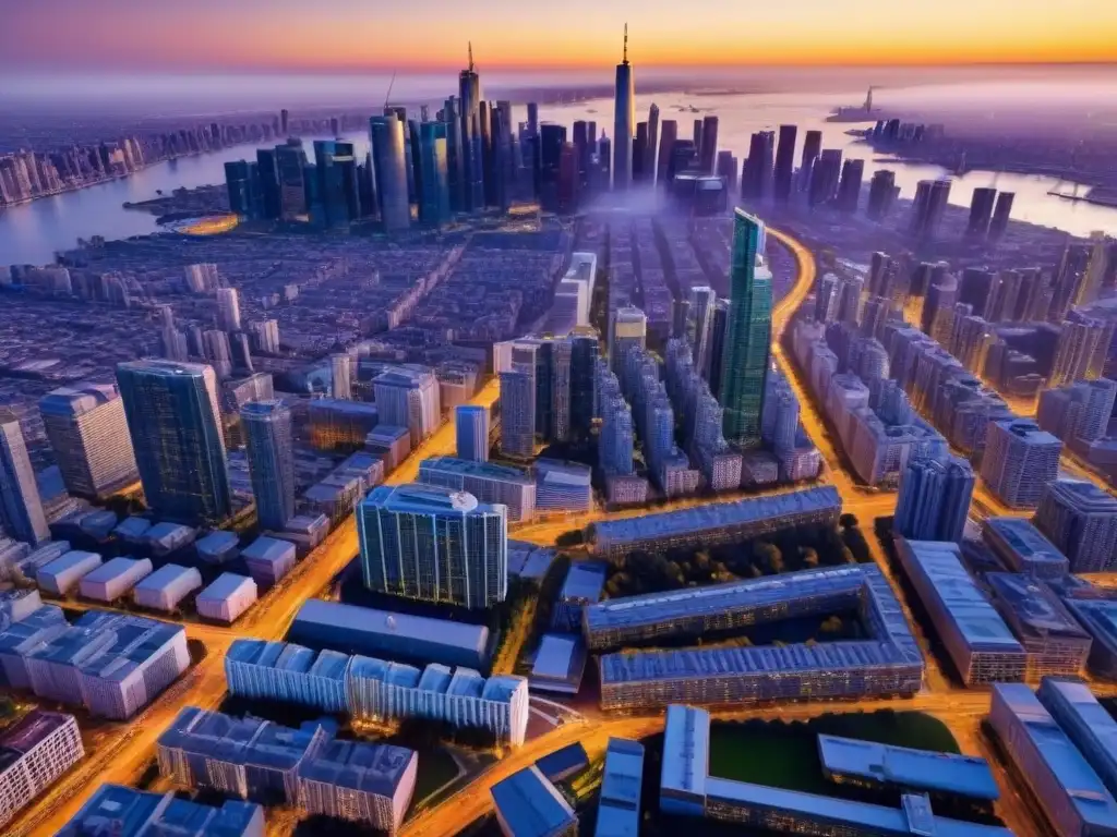 Vibrante ciudad al atardecer con tendencias financieras inmobiliarias futuras