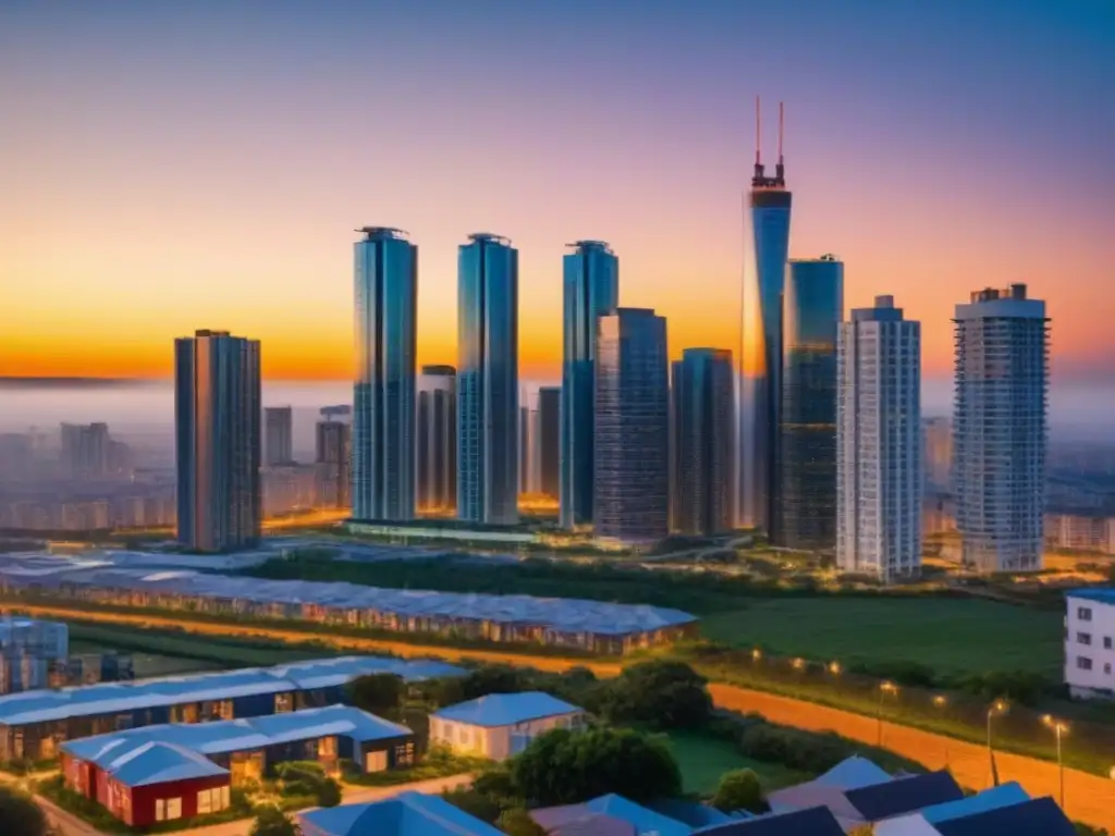 Vibrante comunidad en atardecer urbano 8k Vibrante ciudad al atardecer con viviendas asequibles e inversión en modernos edificios residenciales