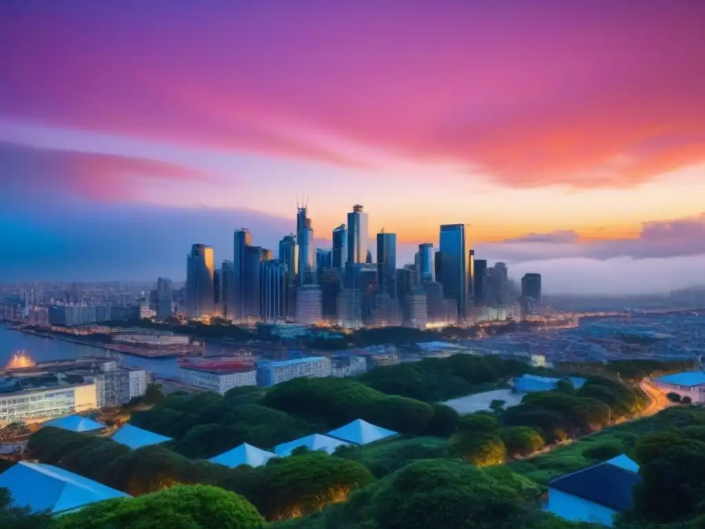 Horizonte urbano moderno iluminado al anochecer: oportunidades de inversión Vibrante ciudad comercial al anochecer, ideal para invertir en REITs comerciales riesgos
