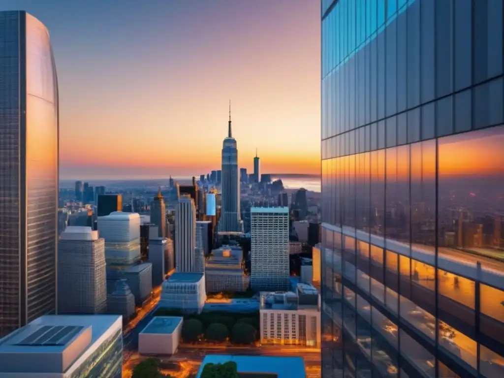 Distrito de rascacielos: inversión inmobiliaria en la ciudad Vibrante ciudad comercial con rascacielos modernos, ejecutivos y carteles digitales de Tendencias REITs comerciales 2023 al atardecer
