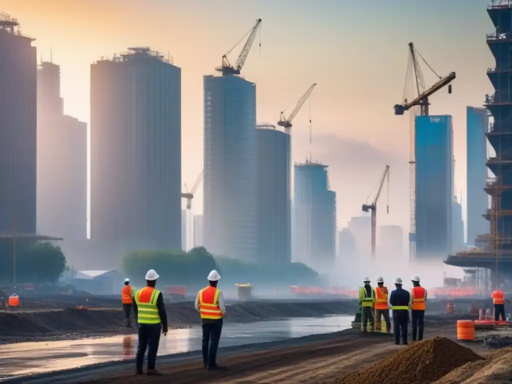 Desarrollo urbano: moderna ciudad en construcción al atardecer Vibrante ciudad en construcción con oportunidades laborales en desarrollo urbano