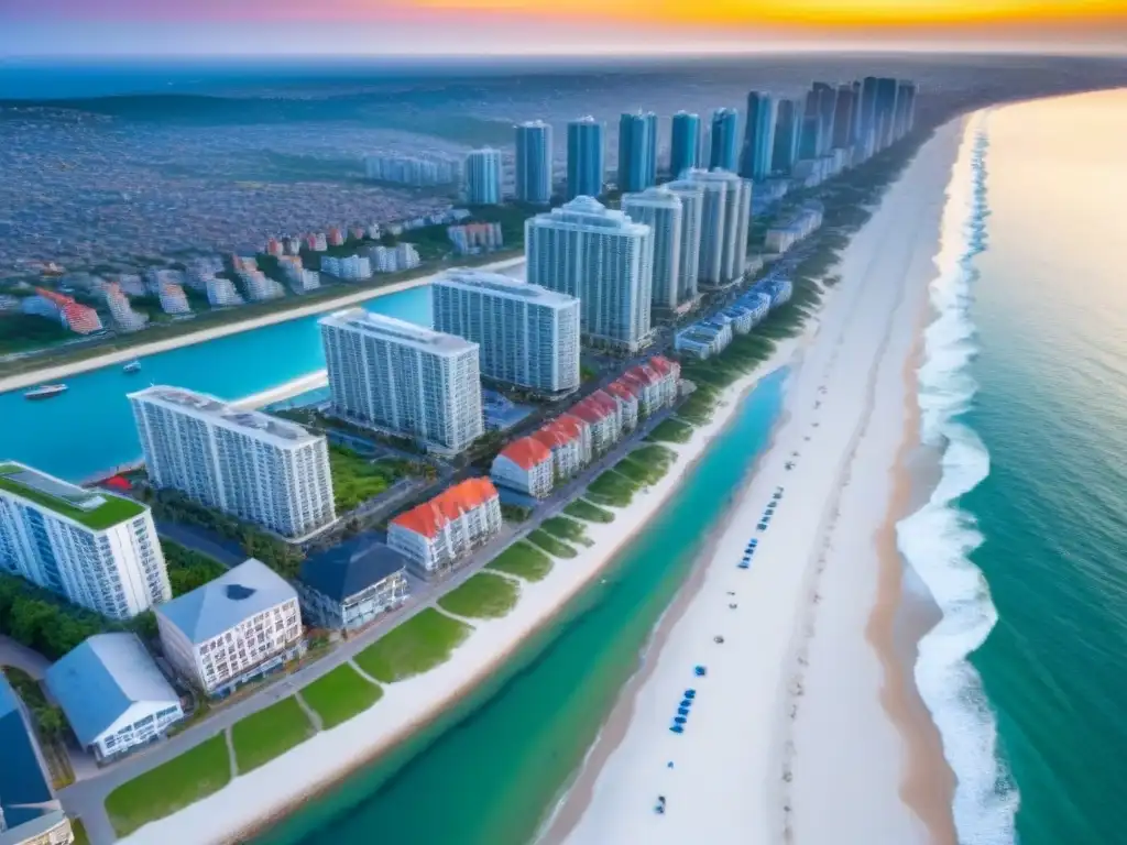 Horizonte costero vibrante al atardecer: urbanismo y naturaleza en armonía Vibrante ciudad costera al atardecer con actividad portuaria y playa llena de personas