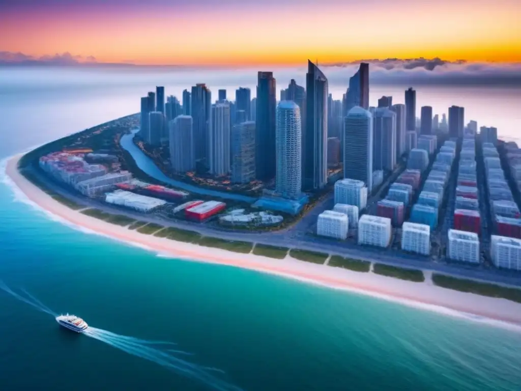 Espléndido atardecer en ciudad costera: vibrante mix urbano frente al mar Vibrante ciudad costera con diversificación inversión inmobiliaria costera