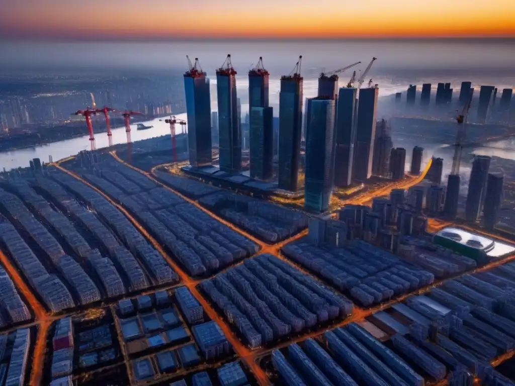 Vibrante metrópolis en pleno crecimiento y desarrollo urbano Vibrante ciudad en crecimiento con rascacielos y grúas, simbolizando los beneficios de inversión en proyectos inmobiliarios