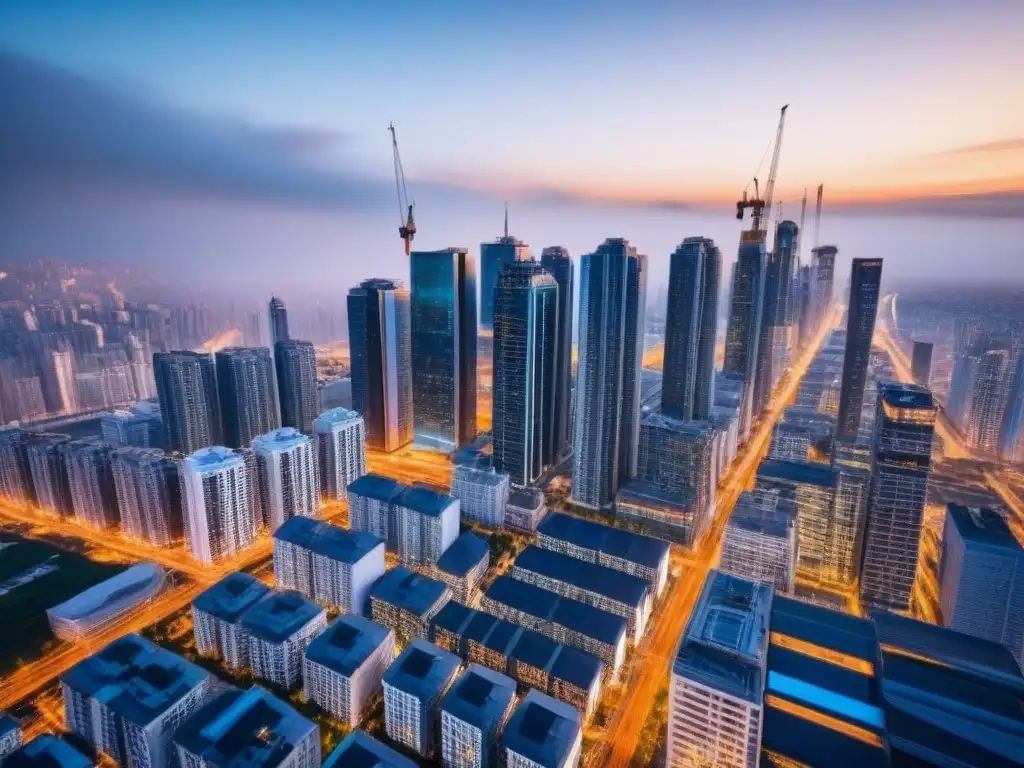 Vista aérea detallada de una ciudad moderna en crecimiento Vibrante ciudad en crecimiento con rascacielos y movimiento de construcción, reflejando beneficios hipotecas privadas constructores