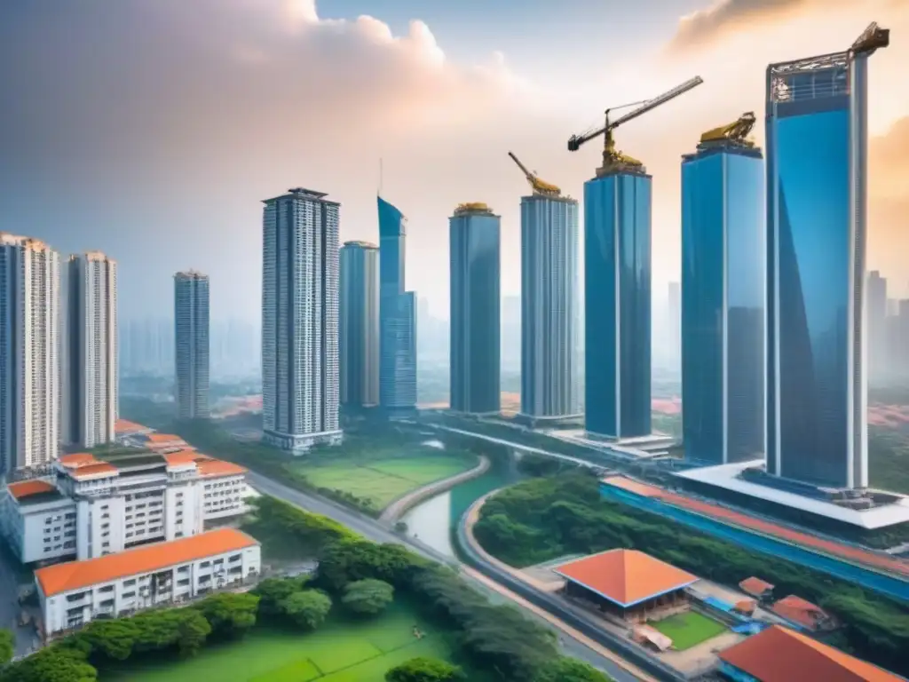 Skyline urbano: crecimiento inmobiliario en países en desarrollo Vibrante ciudad en desarrollo con arquitectura moderna y tradicional, simbolizando el financiamiento inmobiliario en países en desarrollo