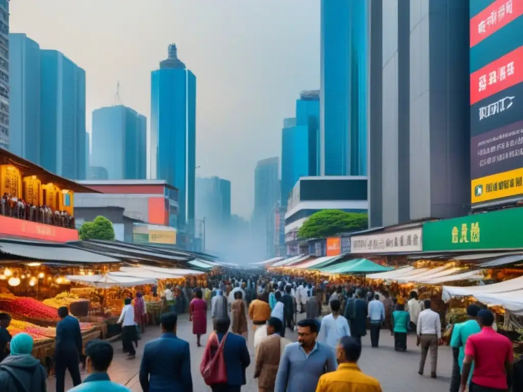 Panorama urbano vibrante: arquitectura tradicional y rascacielos modernos en mercado bullicioso Vibrante ciudad en desarrollo con contrastes arquitectónicos y diversidad urbana