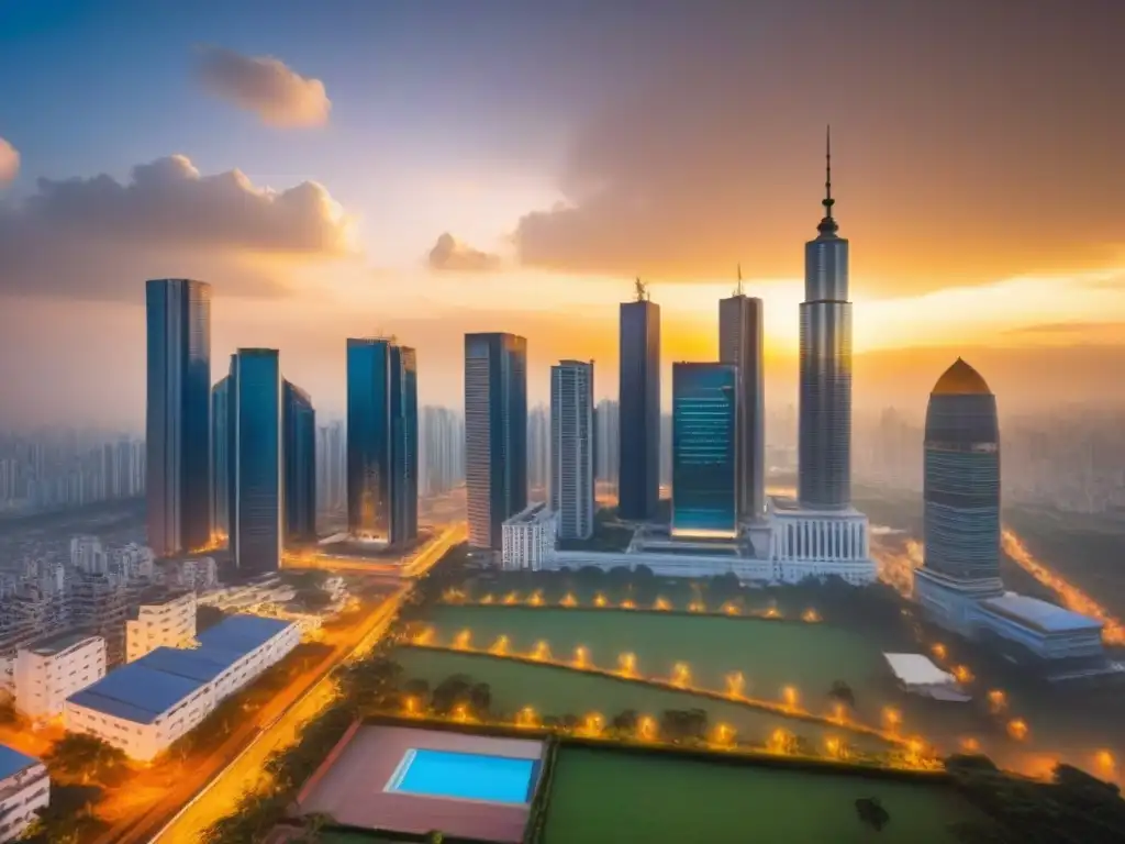 Horizonte urbano en crecimiento: colaboración y crecimiento inmobiliario Vibrante ciudad en desarrollo con profesionales dialogando, reflejando crecimiento en Financiamiento Inmobiliario en países en desarrollo