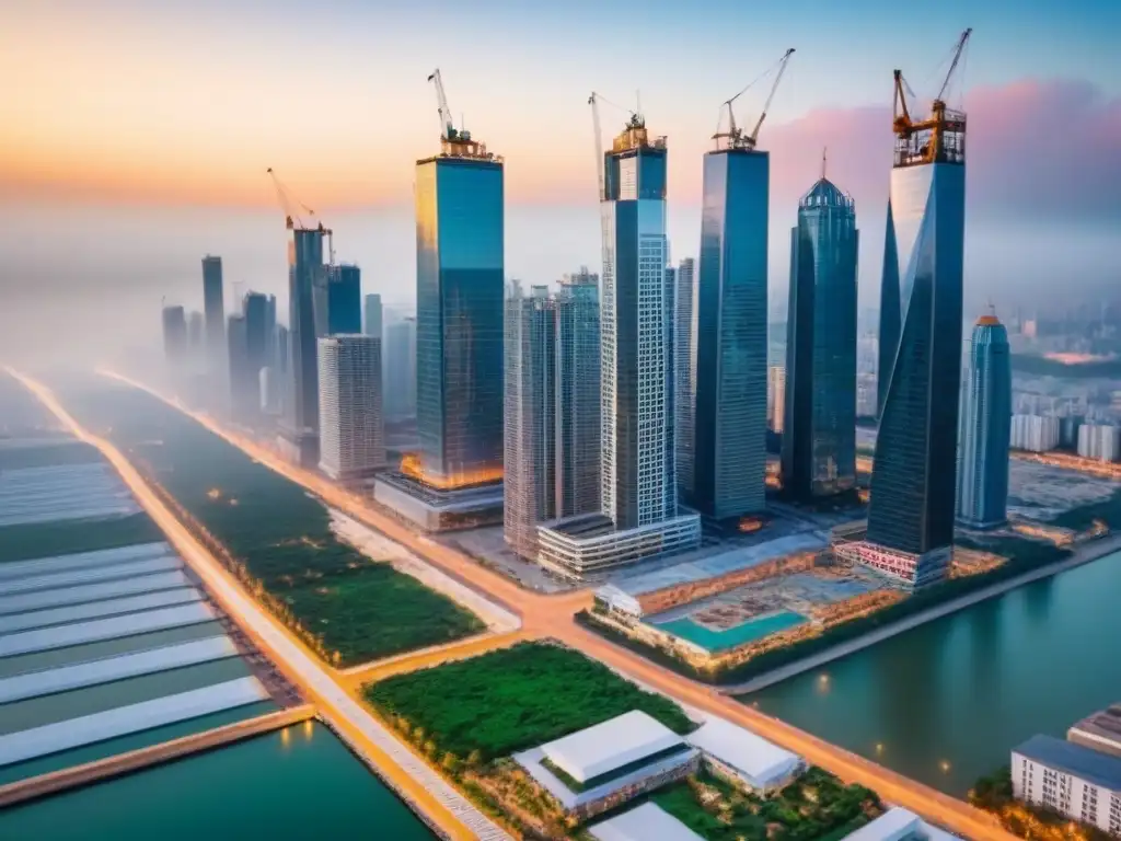 Desarrollo urbano: oportunidades de inversión en ciudades emergentes Vibrante ciudad en desarrollo con rascacielos en construcción y calles bulliciosas