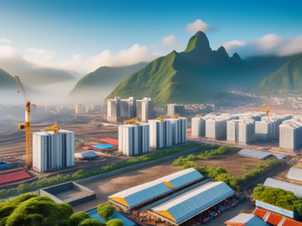 Metrópolis en crecimiento: rascacielos y tradición Vibrante ciudad en desarrollo con rascacielos y naturaleza, simbolizando beneficios inversores inmobiliarios países en desarrollo