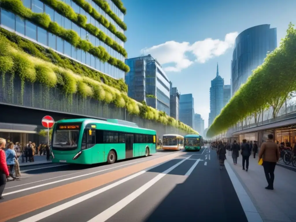 Eco-ciudad futurista: edificios sostenibles, transporte verde y arte urbano Vibrante ciudad con diseño urbano sostenible: edificios eco, autobuses eléctricos y jardines verticales, bajo un cielo soleado