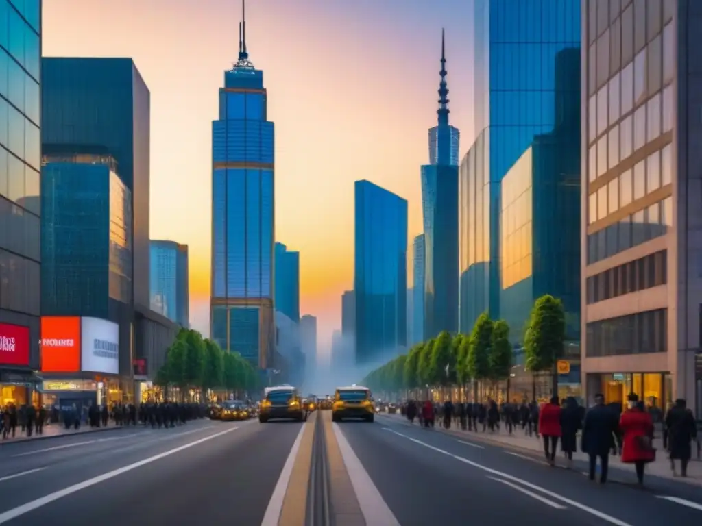 Metrópolis dinámica y vibrante: economía emergente en atardecer Vibrante ciudad de economía emergente con rascacielos, calles concurridas y mezcla de arquitectura moderna y tradicional al atardecer