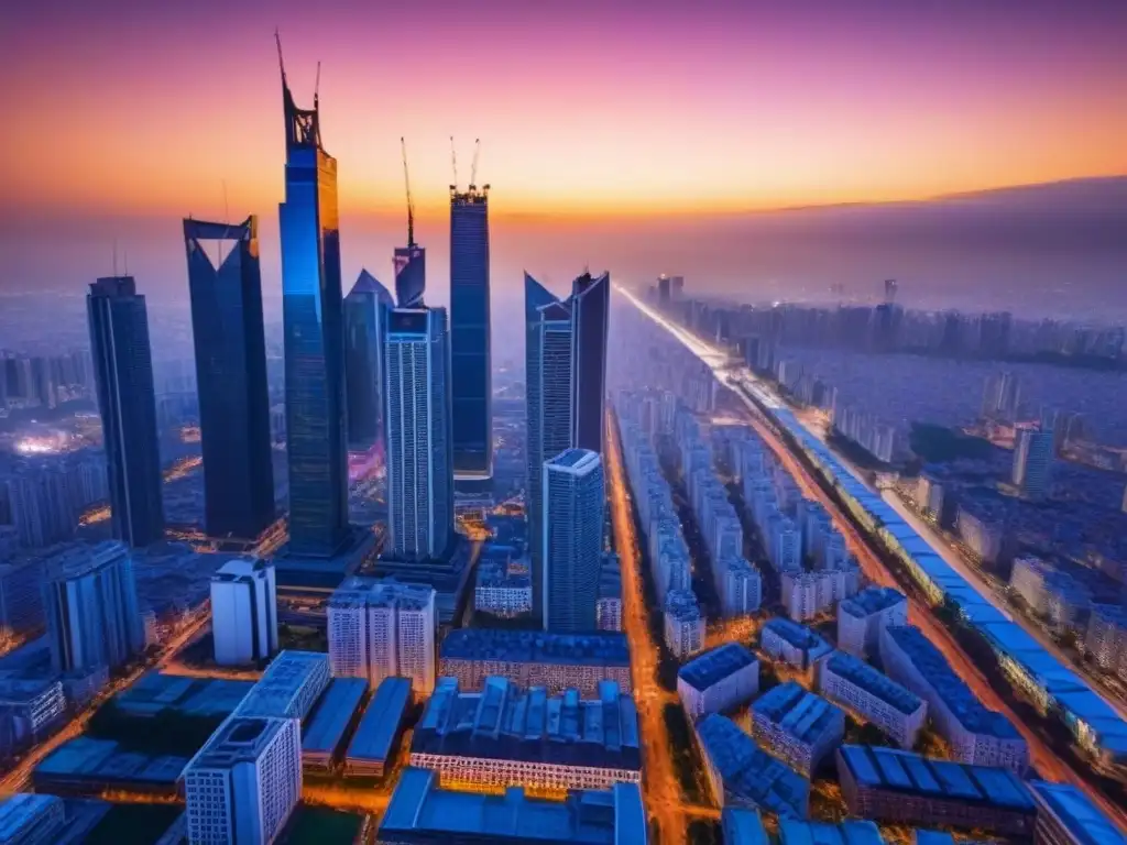 Horizonte urbano en economía emergente: crecimiento y modernidad Vibrante ciudad de economía emergente con rascacielos modernos y arquitectura tradicional