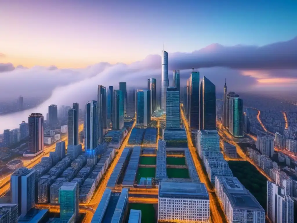 Metrópolis emergente: auge urbano en economías en desarrollo 'Vibrante ciudad de economía emergente reflejando el mercado inmobiliario global