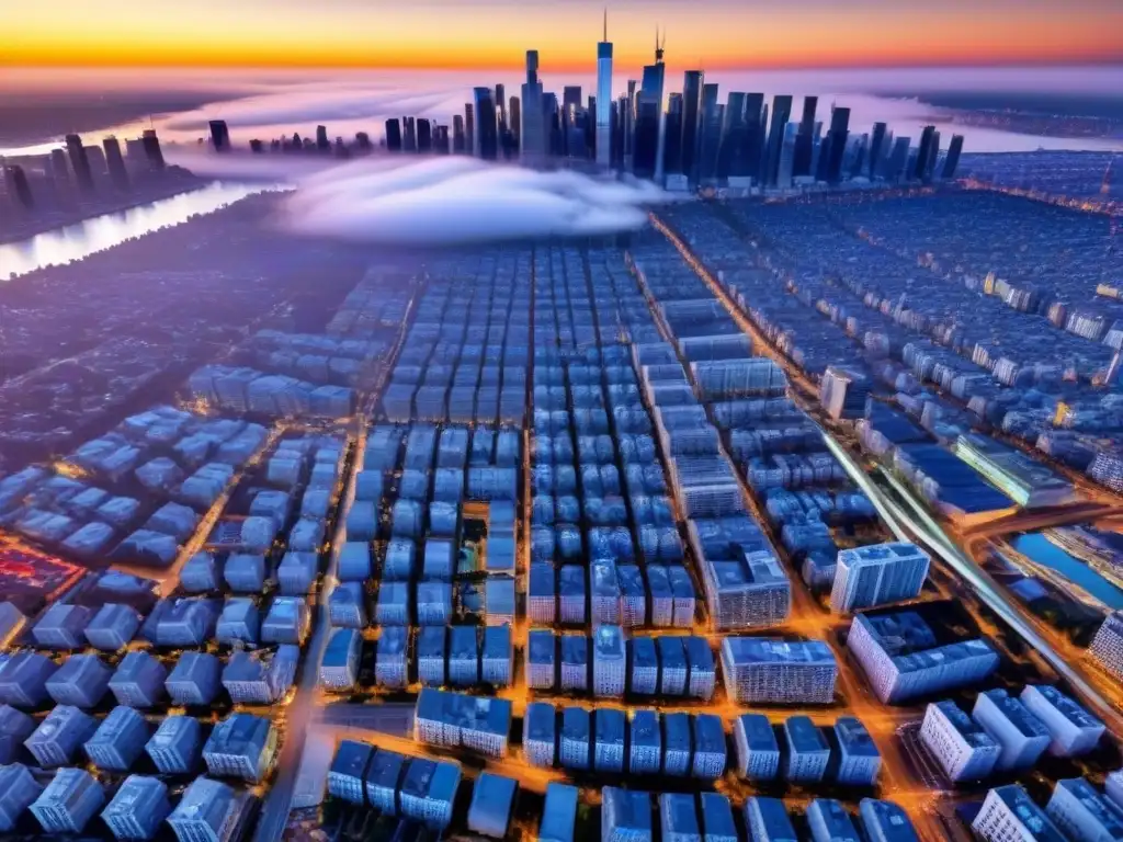 Metrópolis emergente: panorama urbano vibrante al atardecer Vibrante ciudad emergente al atardecer, ilustrando la diversificación en los mercados inmobiliarios
