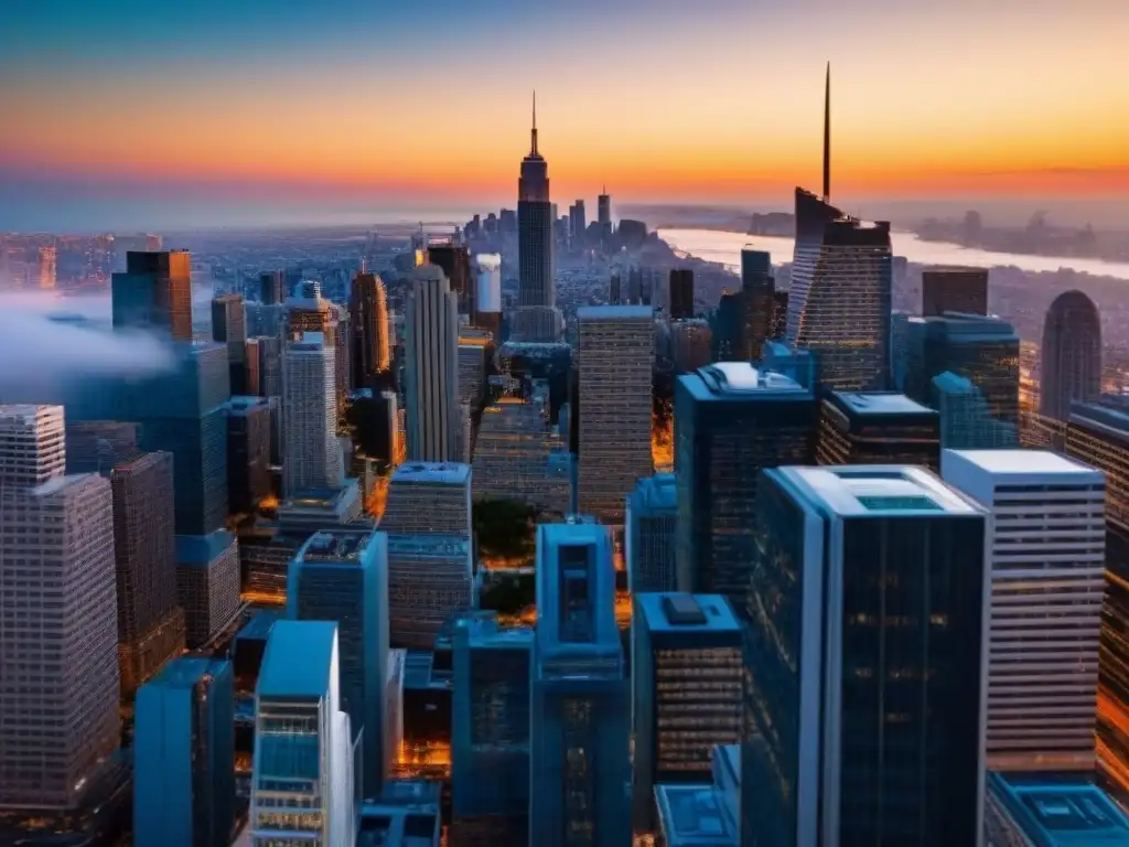 Vibrante ciudad en economía emergente: skyline de rascacielos al atardecer Vibrante ciudad emergente con modernos rascacielos reflejando la cálida luz del atardecer y profesionales discutiendo fuera de una oficina de cristal