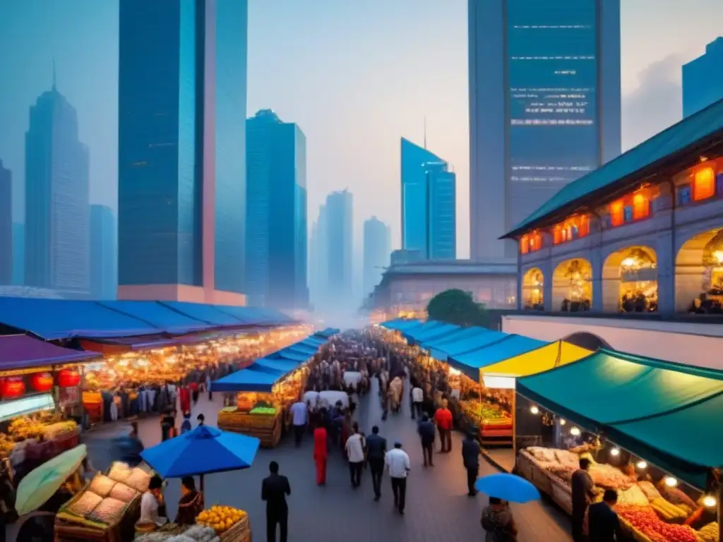Mercado emergente al atardecer: fusión de tradición y modernidad Vibrante ciudad emergente al anochecer, fusionando patrimonio y progreso en estrategias salida inversiones inmobiliarias