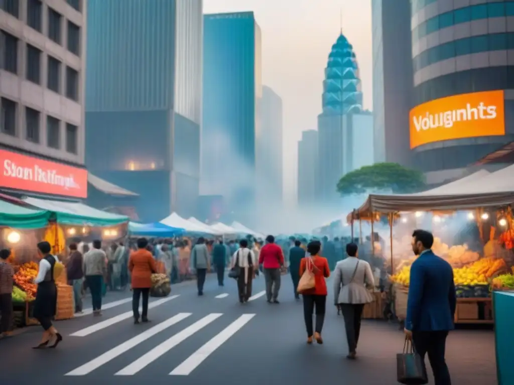 Contrastes urbanos: mercado emergente con rascacielos y mercados callejeros Vibrante ciudad emergente con rascacielos modernos y mercados callejeros, reflejando el contraste entre lo tradicional y lo moderno
