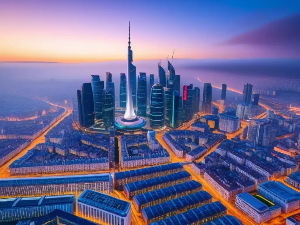 Cityscape futurista europeo al atardecer: metrópolis financieras Vibrante ciudad europea futurista al anochecer, con rascacielos iluminados y profesionales en traje, reflejando un centro financiero dinámico