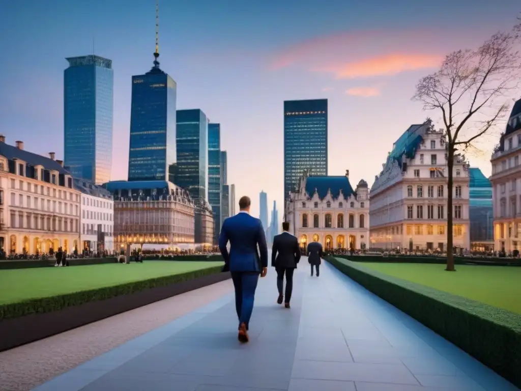 Cityscape europeo: arquitectura histórica y moderna al anochecer Vibrante ciudad europea al anochecer, mezcla de arquitectura histórica y moderna, reflejando tendencias inversión inmobiliaria Europa