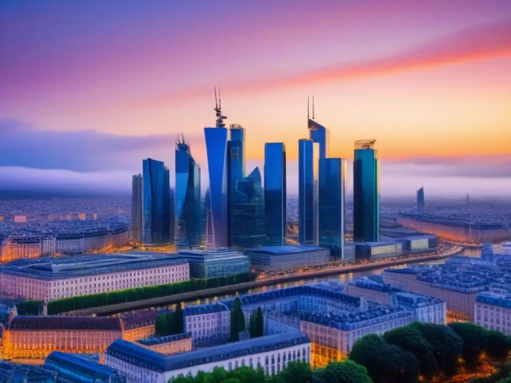 Horizonte europeo: metrópolis moderna al atardecer Vibrante ciudad europea con rascacielos de cristal reflejando el atardecer, representa la importancia del mercado inmobiliario