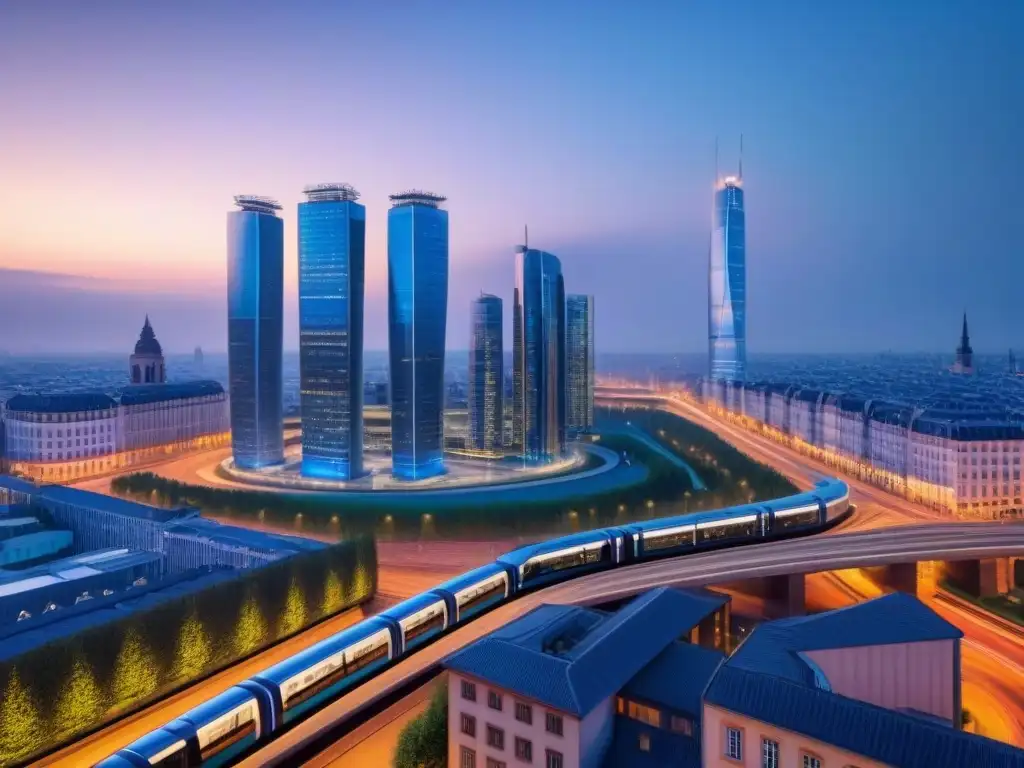 Horizonte europeo: arquitectura innovadora y tradicional Vibrante ciudad europea al anochecer con rascacielos futuristas y tren de alta velocidad