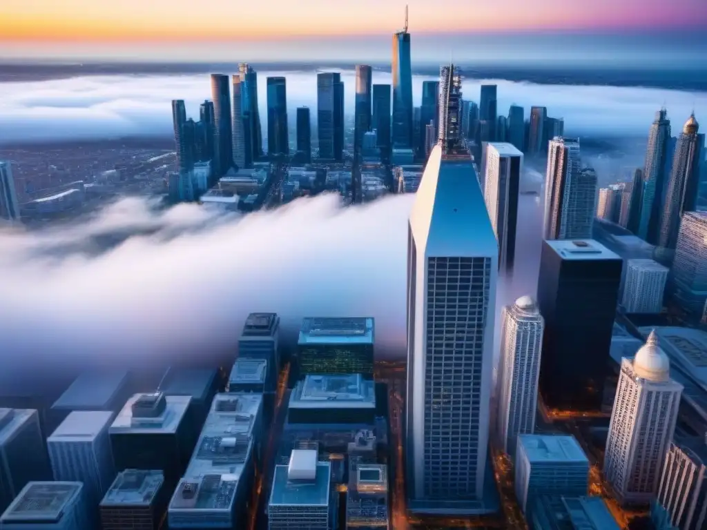 Horizonte urbano: impacto financiero en el mercado inmobiliario Vibrante ciudad financiera con rascacielos modernos reflejando políticas monetarias, REITs y financiamiento inmobiliario