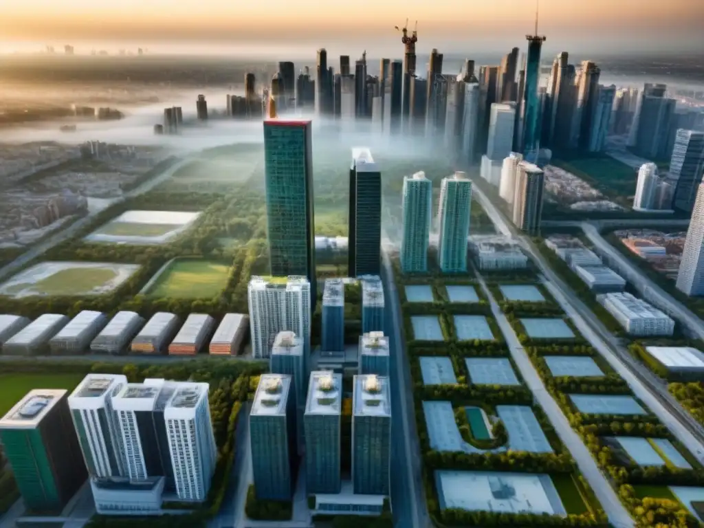Metrópolis financiera: luces y sombras del desarrollo inmobiliario Vibrante ciudad con finanzas y desarrollo inmobiliario, reflejando crecimiento y oportunidad en proyectos urbanos