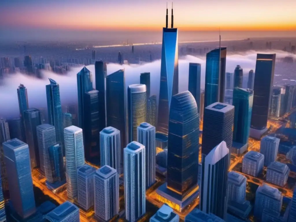 Horizonte urbano futurista: innovación en la industria inmobiliaria Vibrante ciudad futurista con arquitectura moderna y gente colaborando al atardecer