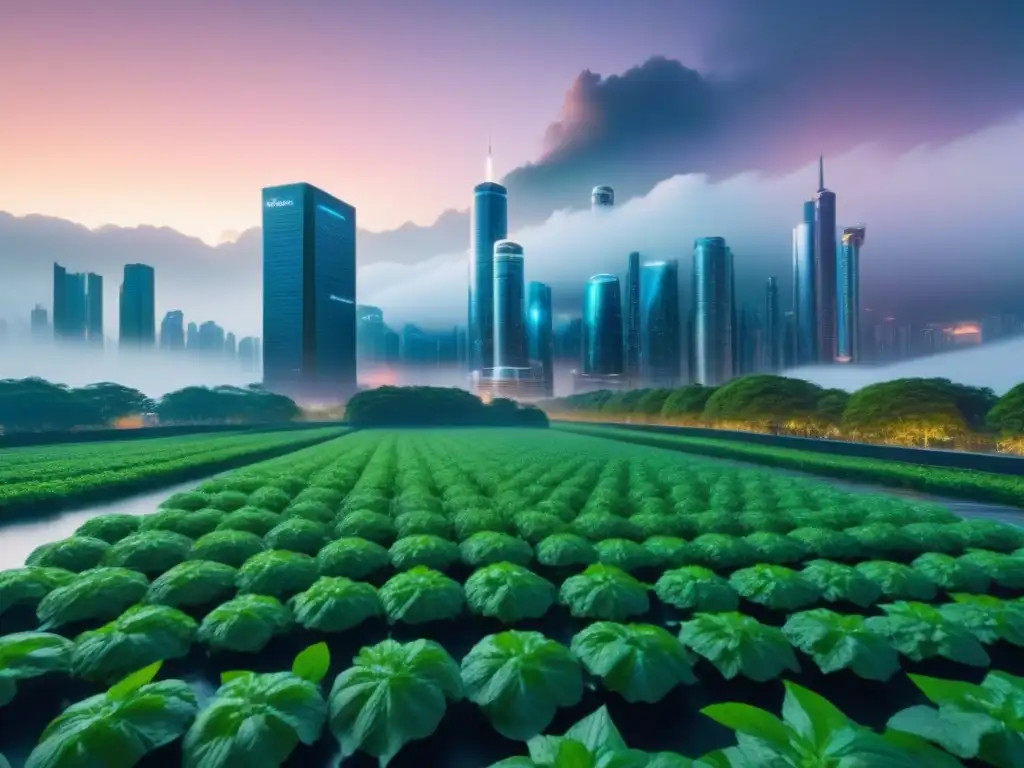 Metrópolis Futurista AI: Integración Armónica Vibrante ciudad futurista con arquitectura digital y vegetación, integra IA en tasaciones inmobiliarias para inversores