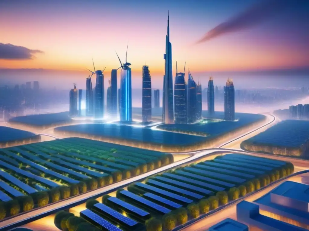 Metrópolis futurista: diseño sostenible y tecnología avanzada Vibrante ciudad futurista con arquitectura ecoamigable y estrategias inversión mercado inmobiliario en atardecer cálido