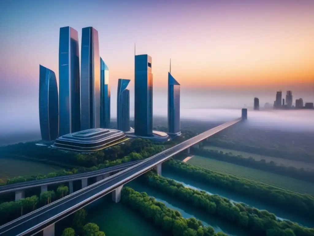 Horizonte futurista: arquitectura innovadora en sector inmobiliario Vibrante ciudad futurista al atardecer, con rascacielos reflectantes y diseño innovador, integrando modificaciones legales y estrategia de inversión inmobiliaria