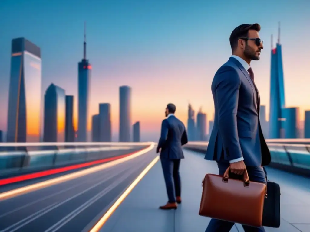 Horizonte urbano futurista al atardecer: progreso e innovación Vibrante ciudad futurista al atardecer, reflejando innovación y progreso