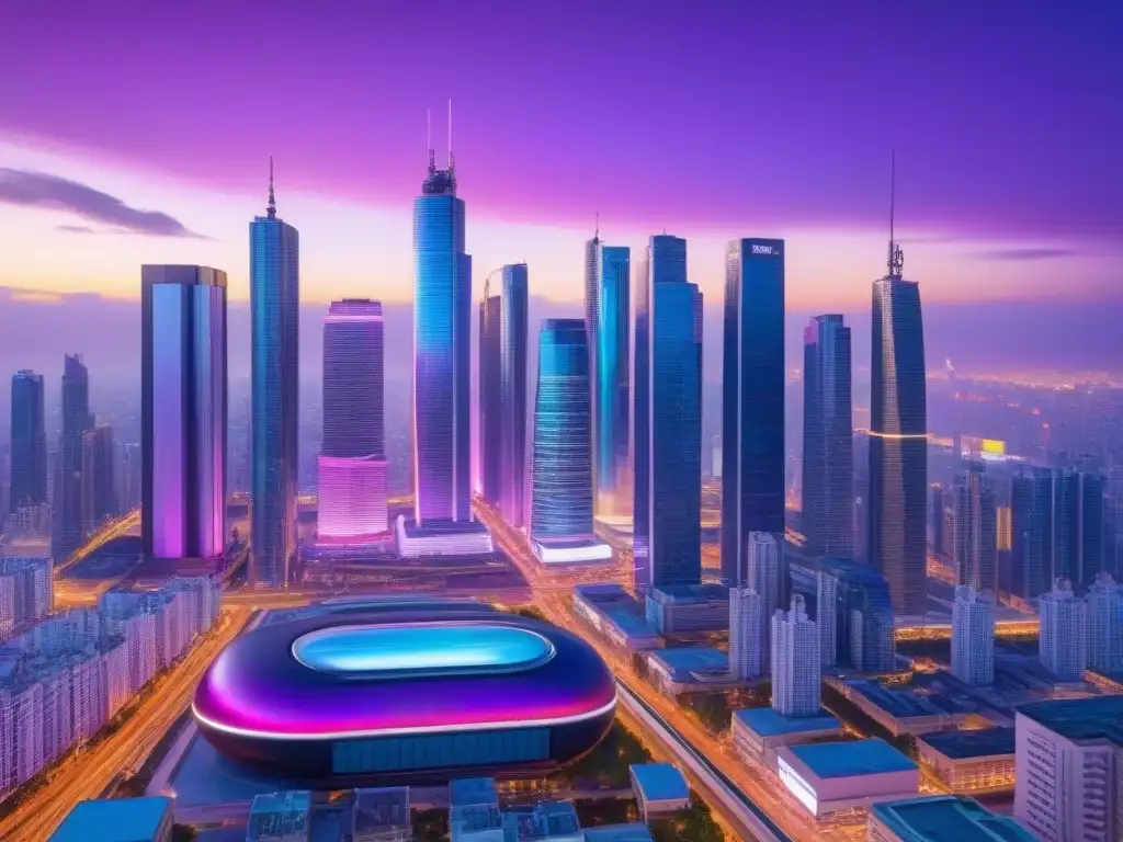 Metrópolis futurista: luces de neón y rascacielos en atardecer innovador Vibrante ciudad futurista al atardecer, con rascacielos relucientes y luces de neón, reflejando la gestión riesgos préstamos inmobiliarios 2023