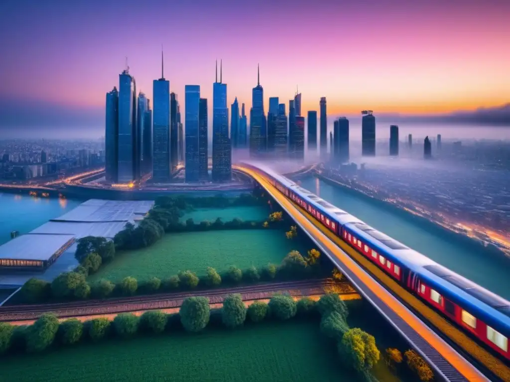 Metrópolis futurista: atardecer en la ciudad del mañana Vibrante ciudad futurista al atardecer con rascacielos iluminados y trenes de alta velocidad en el cielo