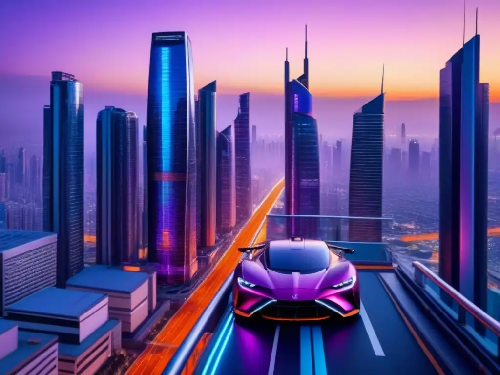 Futurismo urbano: Ciudad 8k ultradetallada al anochecer Vibrante ciudad futurista al atardecer con rascacielos y tecnología avanzada