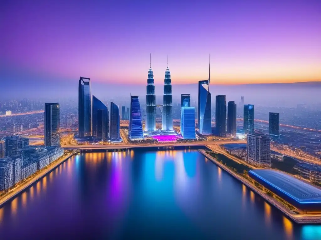 Metrópolis futurista al atardecer: innovación y progreso Vibrante ciudad futurista al atardecer, con rascacielos de cristal y sistemas de transporte avanzados, reflejando innovación y progreso