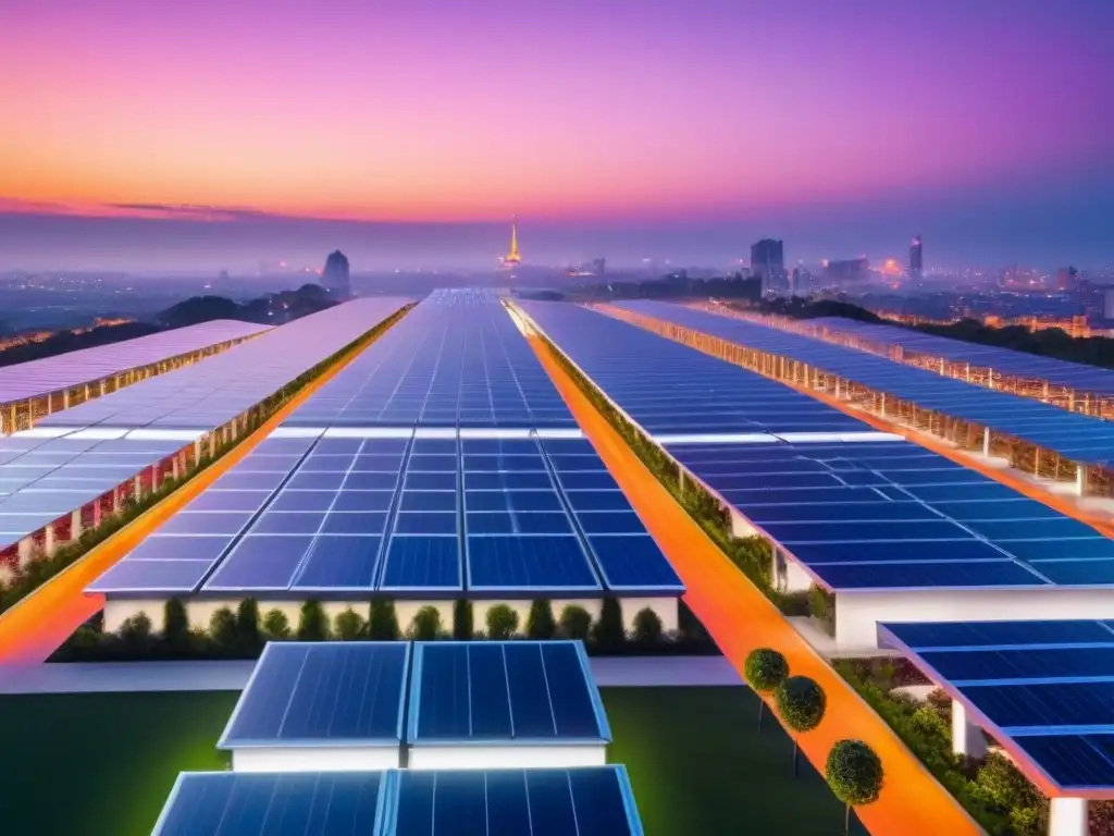 Metrópolis futurista sostenible al anochecer Vibrante ciudad futurista al atardecer con edificaciones sostenibles y tecnología verde
