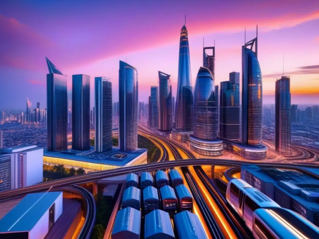 Vibrante ciudad futurista al atardecer con rascacielos de cristal y acero, reflejando luces, trenes de alta velocidad