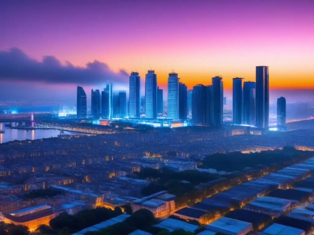 Horizonte urbano ultramoderno al atardecer: valoración inmobiliaria con IA Vibrante ciudad futurista al atardecer con rascacielos iluminados y diseño arquitectónico avanzado