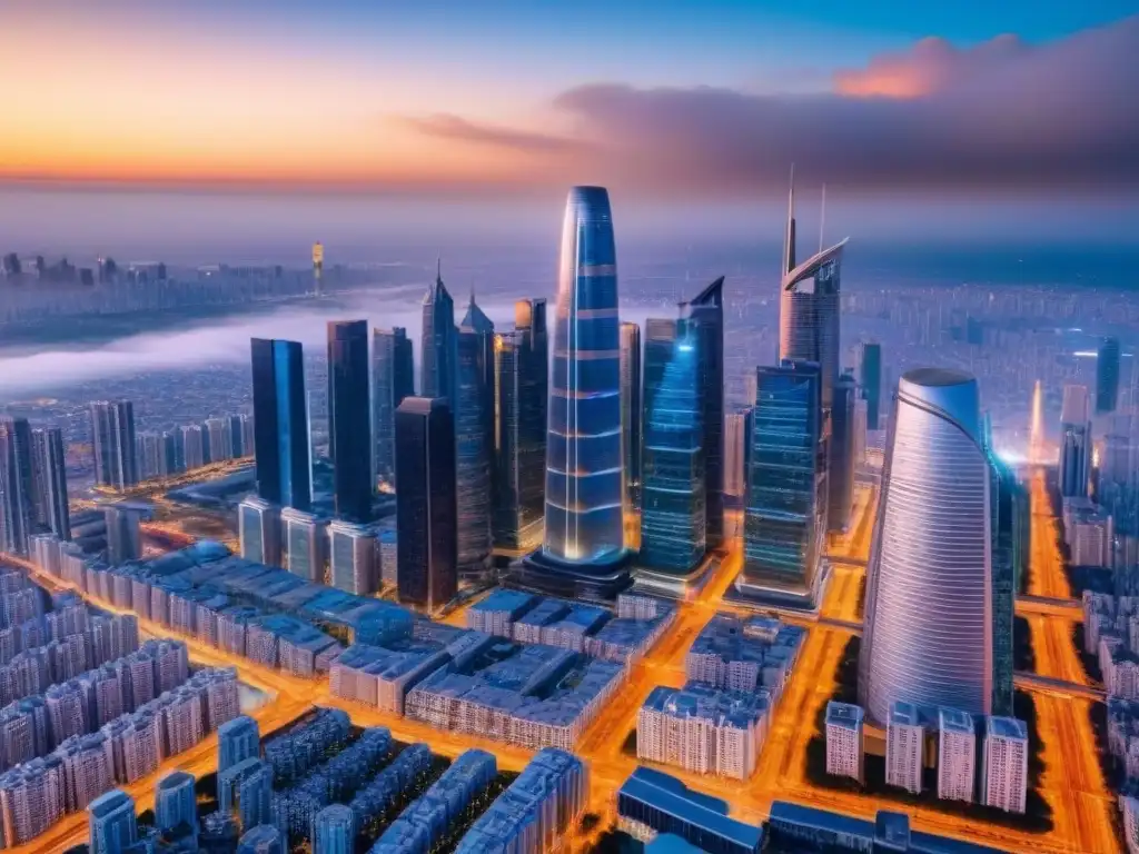 Metrópolis futurista: atardecer en la ciudad inteligente Vibrante ciudad futurista al atardecer, reflejando innovación y progreso