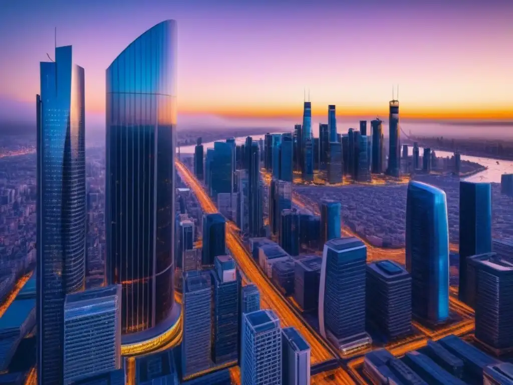 Metrópolis futurista: ciudad inteligente con IA Vibrante ciudad futurista al atardecer con rascacielos, tráfico y pantallas digitales